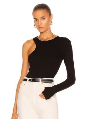 Agolde Bea Cutaway Bodysuit - Black One-Shoulder Ribbed Knit Top.